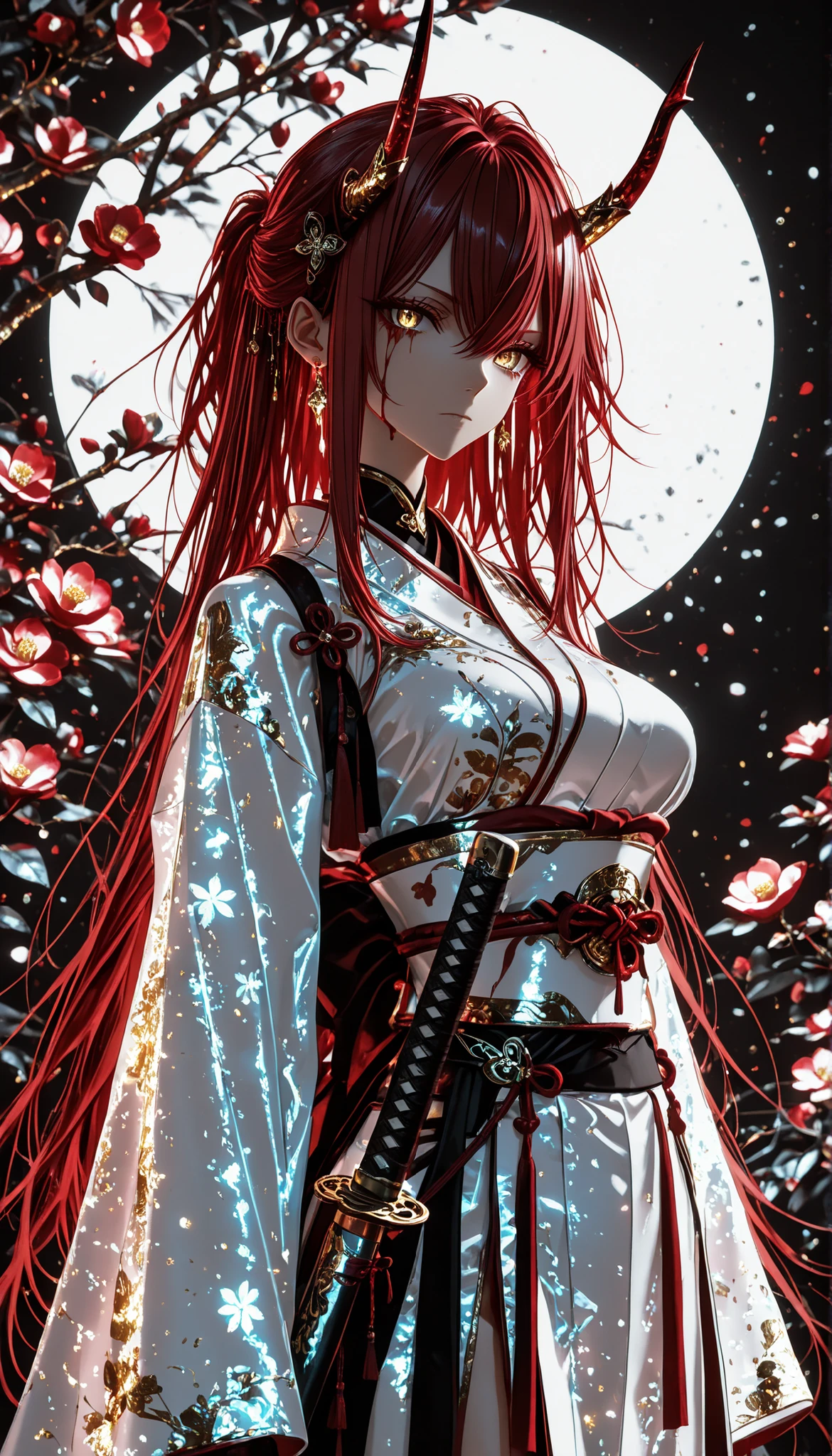 1 girl , golden eyes , very long hair , long sidelocks, red hair ,half updo, petite , very cute , beautiful ,Straight hair, cool, handsome, hair between eyes, sexy, medium breasts , blood tears, white kimono,  sengoku period, white warrior, white armor, sharp gaze, female warrior, beautiful, enchanting, alluring, white armored figure, demon horns, katana, messy hair, beautiful eyes, camellia flower, monochrome, greyscale, 748cmstyle, high quality, best quality, ultra details, amazing, stunning, illustration, glitter aesthetic, glowing kimono, japanese clothes, obi, traditional hair pin, floral print, 4k, 8k, Ultra HD, Masterpiece, Best quality, Detailed Illustration, 8k wallpaper, detailed outfit, background sakura trees