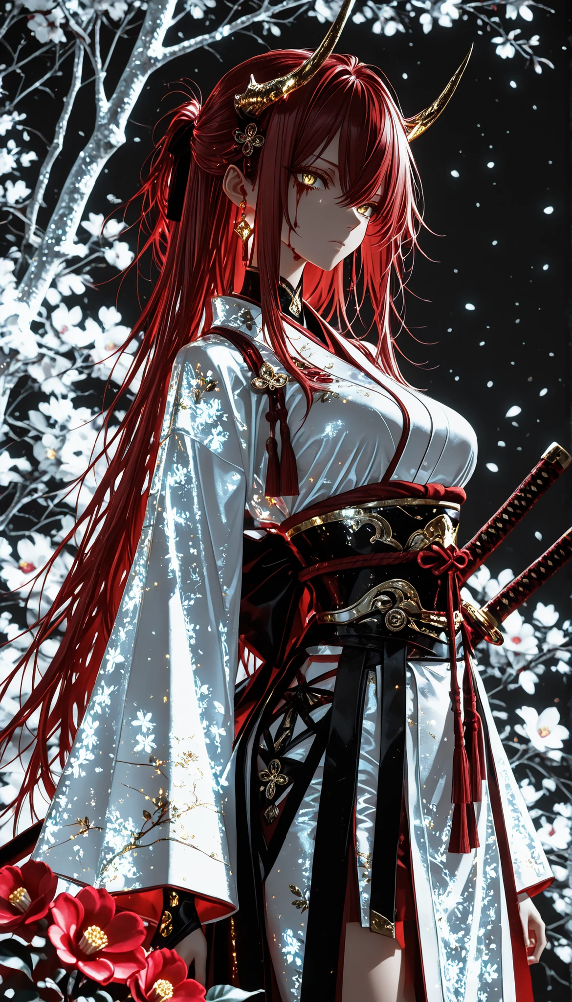 1 girl , golden eyes , very long hair , long sidelocks, red hair ,half updo, petite , very cute , beautiful ,Straight hair, cool, handsome, hair between eyes, sexy, medium breasts , blood tears, white kimono, sengoku period, white warrior, white armor, sharp gaze, female warrior, beautiful, enchanting, alluring, white armored figure, demon horns, katana, messy hair, beautiful eyes, camellia flower, monochrome, greyscale, 748cmstyle, high quality, best quality, ultra details, amazing, stunning, illustration, glitter aesthetic, glowing kimono, japanese clothes, obi, traditional hair pin, floral print, 4k, 8k, Ultra HD, Masterpiece, Best quality, Detailed Illustration, 8k wallpaper, detailed outfit, background sakura trees