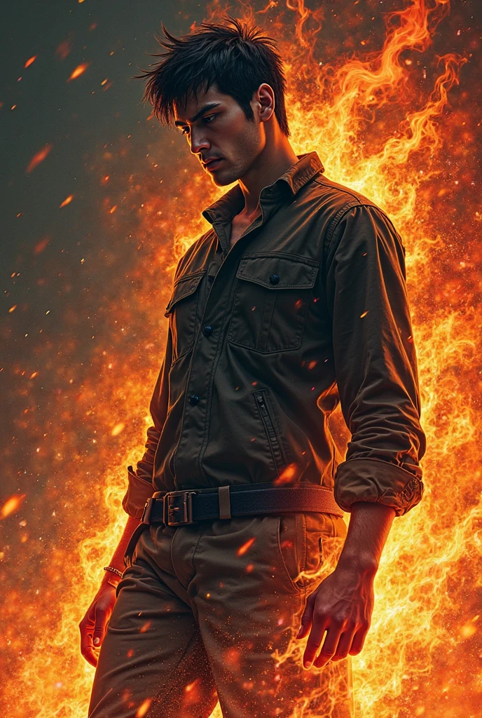 A young man wearing revealing attire stands amidst flames, his legs exposed, as he remains above the fire.