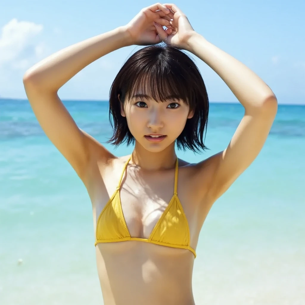 highest quality, masterpiece, ultra high resolution, Raw photo, japanese woman, 18-year-old,, short cut hairstyle, baby face, yellow bikini, Full body photo, raise both hands,