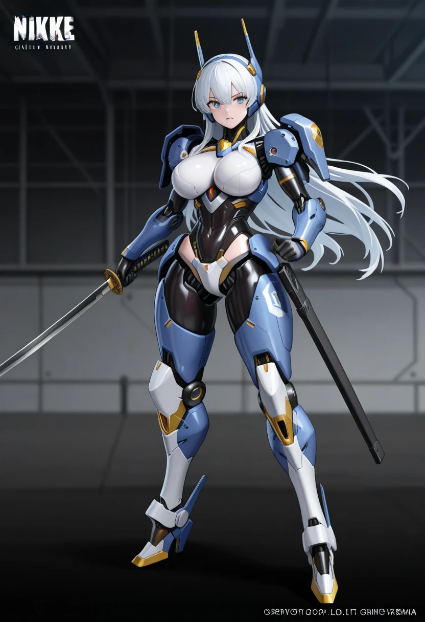 (Best quality at best,Unbeatable masterpiece:1.4),Ultra-detailed CG 4K,Black metal mech,Single high ponytail,Metal heels,Huge cleavage,Nipple presentation,Long white hair,obsessed,hair covering one eye,smooth thigh,standing with legs apart,in the stars,face to the viewer,Nipple presentation,navel,Stand a word horse