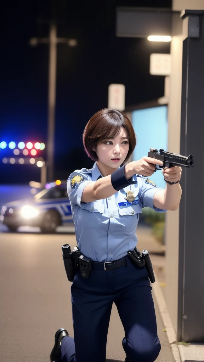(An 18-year-old female police officer holding a pistol:1.5)、(Stern profile:1.2)、(The best quality at its best:1.4), (Super detailed), (Very detailed CG unified 16k), Beautiful woman with perfect figure: 1.4, Sharp focus: 1.2, Very detailed, High-quality RAW color photos, Professional photography, Great face and eyes, cosmetics, (Amazingly beautiful girl), ((police officer uniform:1.5)), Sexy posture，(View from below), Realistic movie faces, Full body long view from head to toe, Realistic, ((Realistic natural orange red hairstyle, Realistic blue eyes)), ( Short Bob Hair:1.5), (necklace:1.5)、, Very beautiful face, Perfect model beauty, Mouth swelling, Highly detailed face and skin texture, Fine grain, double eyelid, Medium chest, (masterpiece), highest quality, High resolution, Very detailed, Blurred Background, Depth of written boundary, Cinema Lighting, Great legs, , Clear, well-maintained skin,