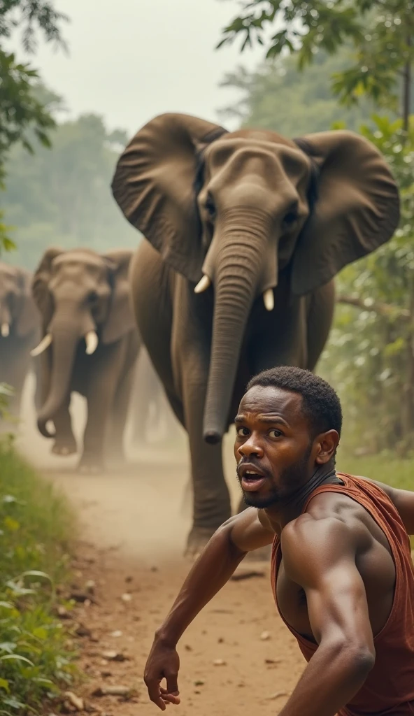 incredibly fat african people running in the savannah they are angry, are running away, men and women, dirt clothes, people talking loudly and swearing, fat people rolling on the floor, dust, lensflare effect, motion-blur, highly dynamic image, funny scene, bare feet,
