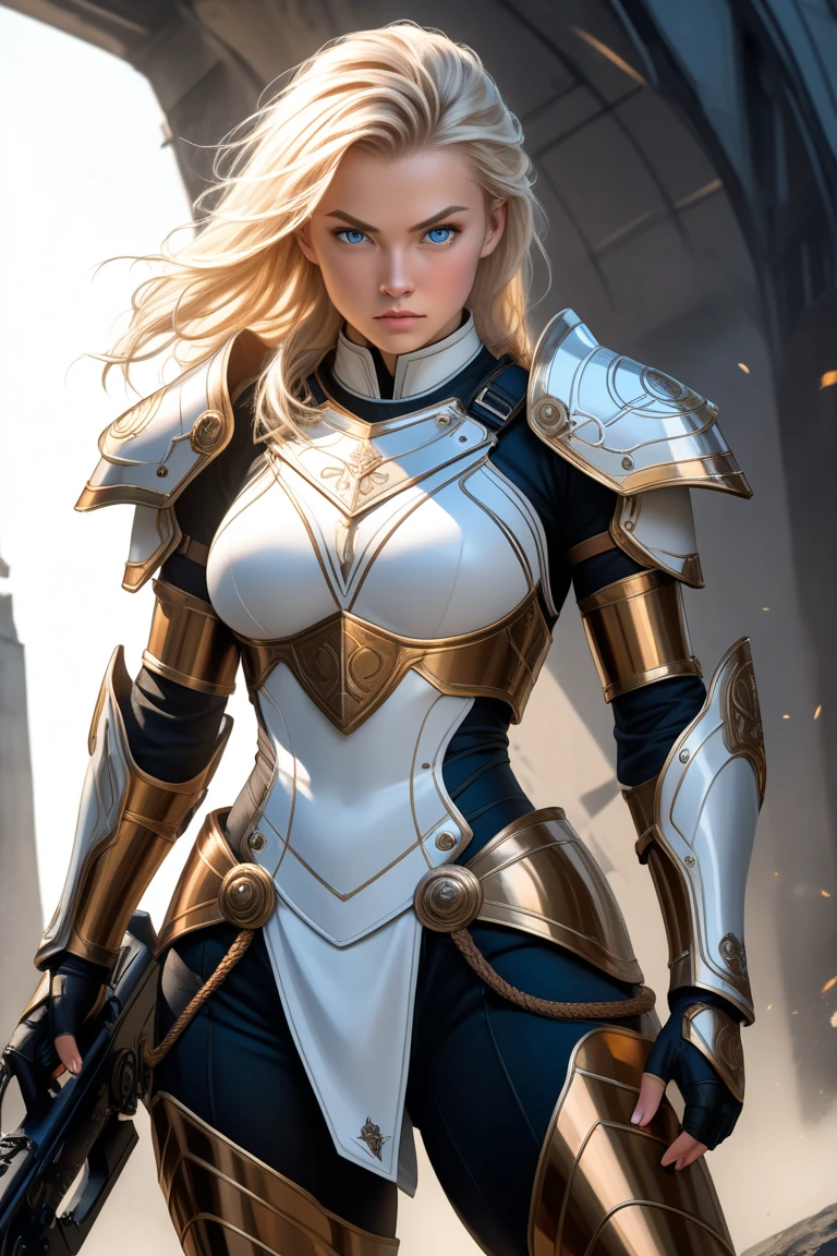 lux, league of legends, long blonde hair, blue eyes, blue tights, full chest armor, shoulder armor, skirt with frills, medium breasts, half body portrait, beautiful, fit body, looking at viewer, very detailed face,