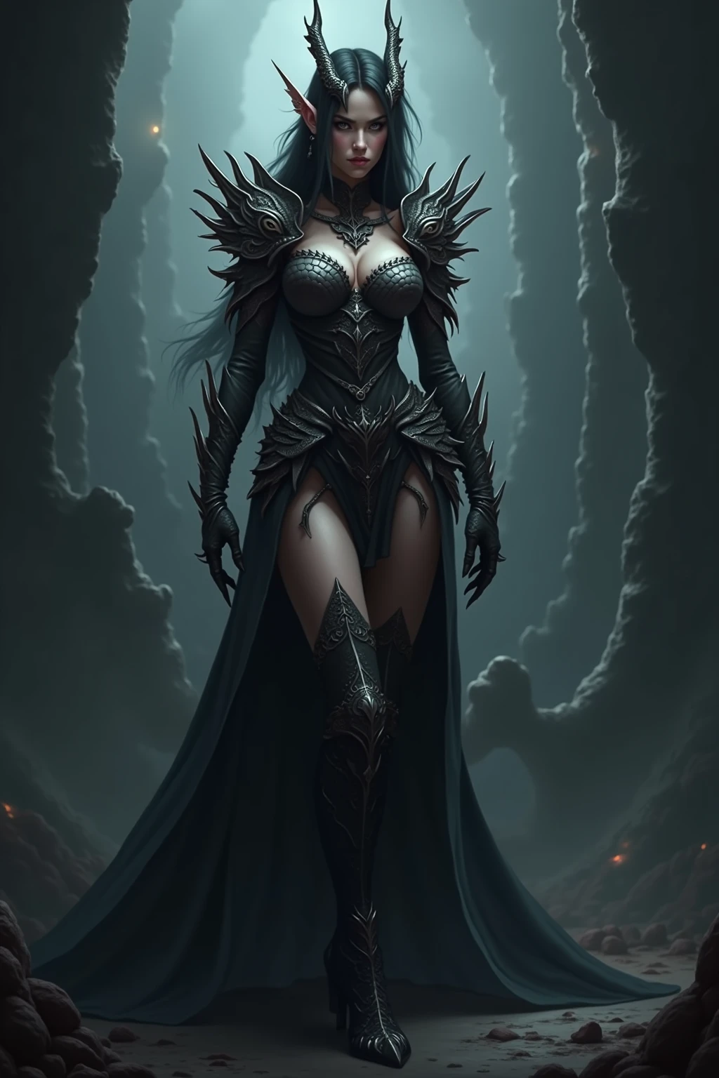 Thicc fit beautiful female demon with long hair wearing very revealing matte black armour, belly with abs exposed, arm and shin gauntlets, average sized breasts, groin armour with long silk cloth barely covering the middle of her privates and partially covering her buttocks and armor plates covering the side of the hips