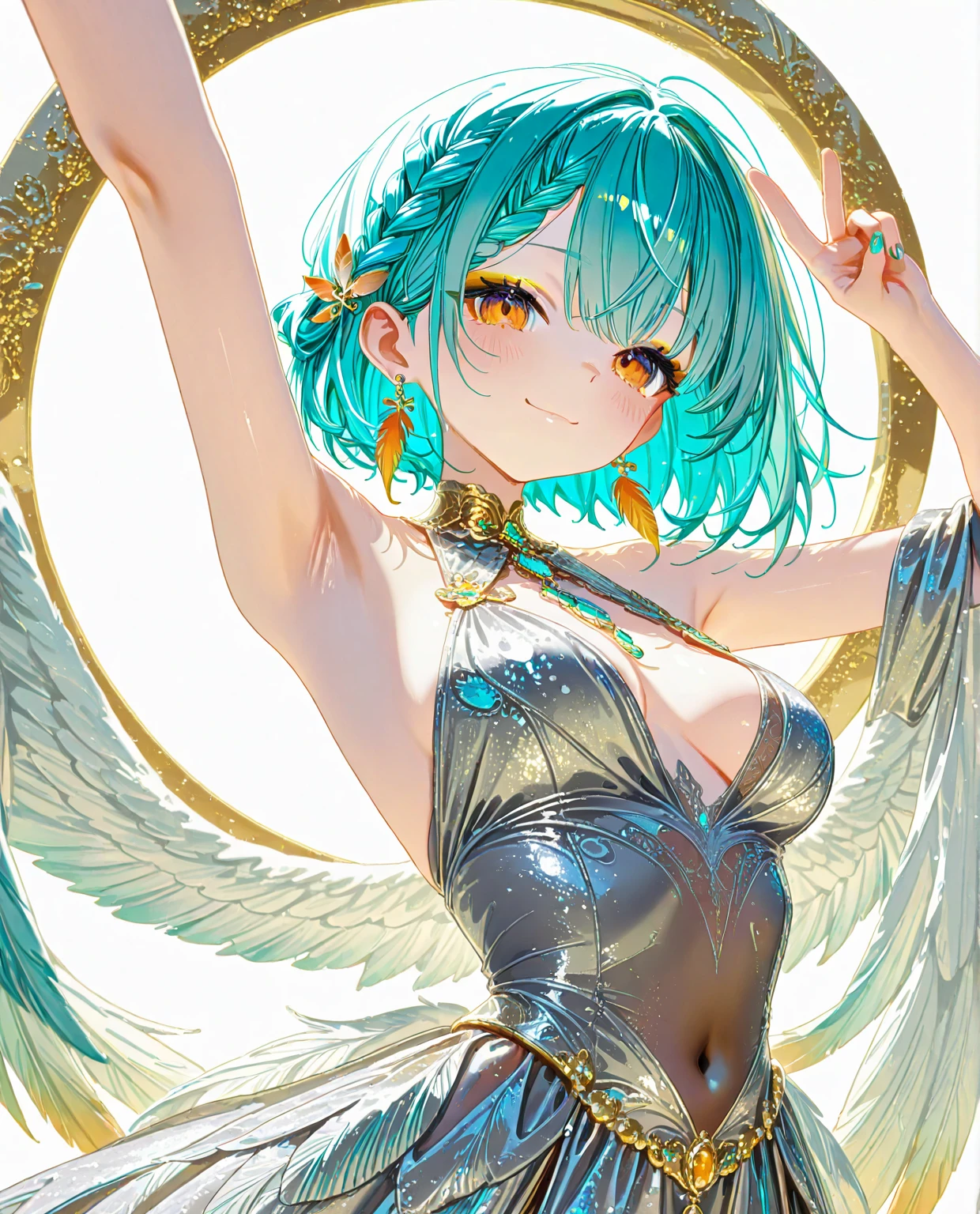 soles, masterpiece, 1 person, solo, very short hair, long bangs between the eyes, gray eyes , very detailed,(masterpiece、highest quality)、alone、gray hair、 silver hair, face up, blue sky, glow white particle, (sidelighting:1.2), sun rise , pink cloud, detailed clouds, slender, Lovely small exposed large breasts, super cute smile with teeth, red cheek, blushing, beautiful green hair, magic light, deep shiny blue eyes, cute girly pause, Draw your breasts inward and push them up, choker, pussy exposed, exposed breasts, exposed pink nipples, put in white battle armer on left arm and legs, super detailed beautiful castle view background, sunset view, wide shot, giving peace sign, jumping, fun, full body, fireworks,galaxy,glint ,light particles,light rays,light trail,Energy circle,Magic Formation,Concentric circle,fire magic,magic circle,milky way,planet,shooting star,sky,solo, sparkle background,star \(sky\),star \(symbol\),starry background,starry sky,starry sky print, tattoo on breasts, full body