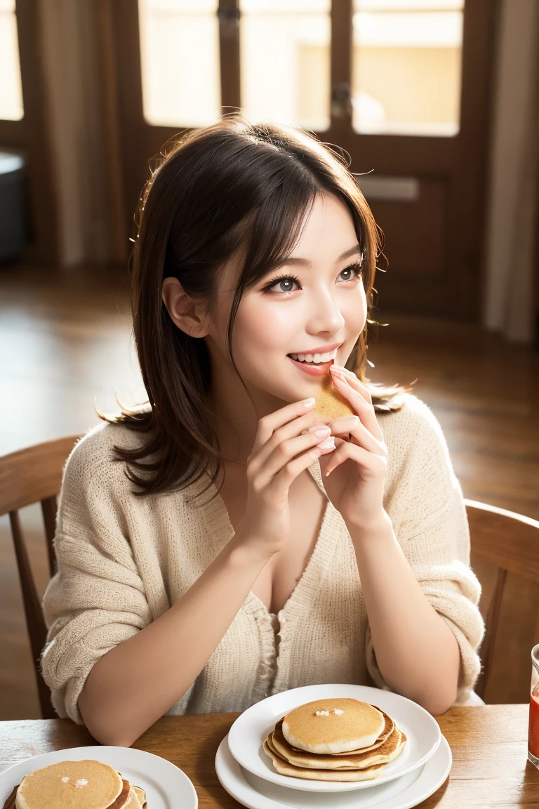 beautiful young woman, anime style, detailed face, wearing casual clothes, sitting at a table, eating a delicious snack, cheerful expression, cozy kitchen, warm afternoon light, detailed background with kitchen elements, high detail, 8k resolution, cinematic lighting, best quality, realistic food textures, gentle shadows, pastel color palette, Instagrammable, cute and relaxed, aesthetic, warm and inviting atmosphere