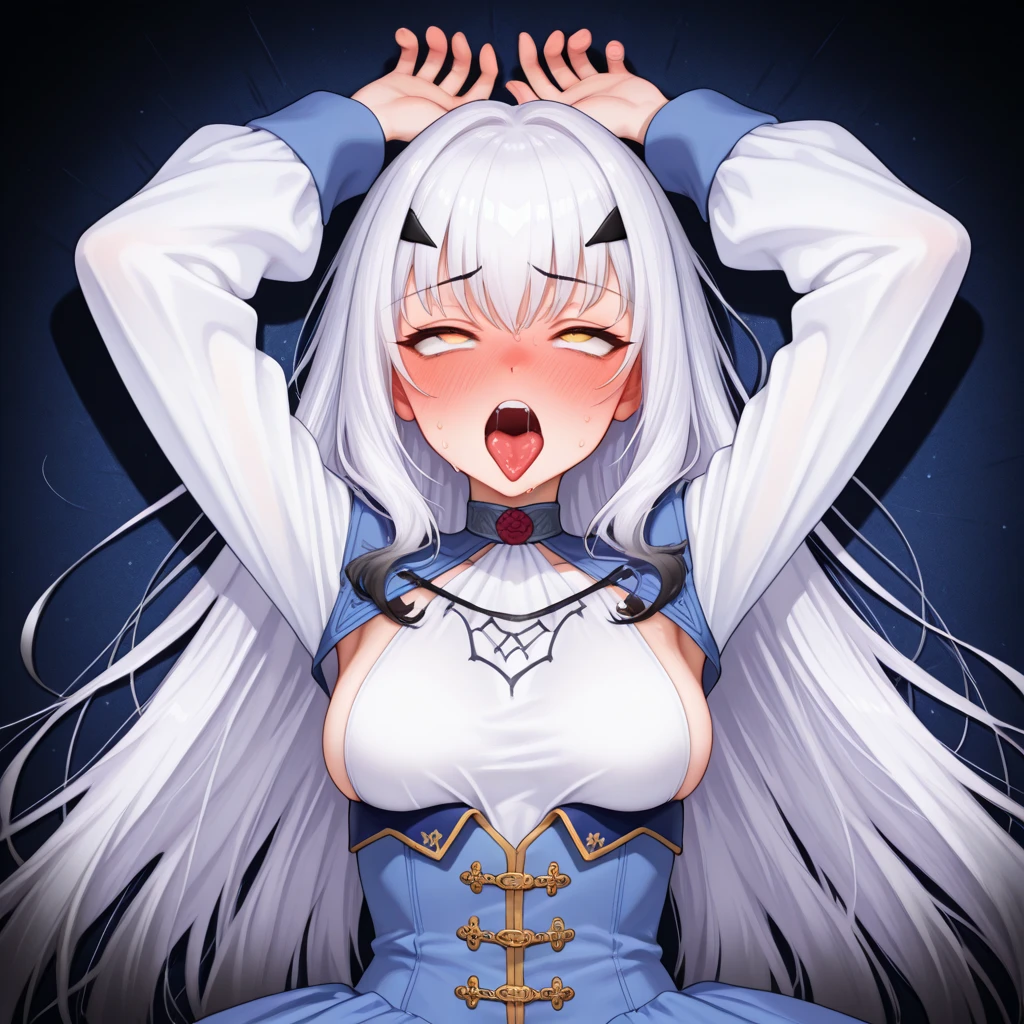 anime girl with long white hair and black and white outfit, ahegao, azur lane style, white haired deity, from girls frontline, white-haired, white haired, ahegao face, shikamimi, from the azur lane videogame, girl with white hair, girls frontline style, characters from azur lane, fine details. girls frontline, cum on face, cum on tits, full body, kneeling, praying,