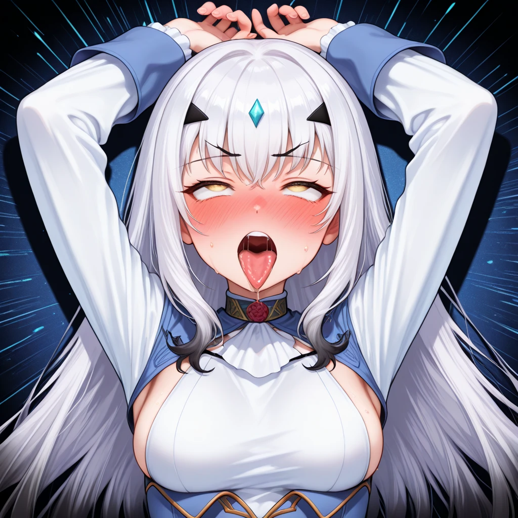 (White Hair)、Long Hair、Purple Eye、(very, very big breasts)、Nipples、breast milk squirting、Erect nipples、Face after climax、(smile)、Soaking wet、Peeing、Mole on upper chest、Nipple Pochi、Evil female executive、Antagonists、(villain)、Naughty older sister、Evil Queen、Sexy combat uniform with visible breasts、Purple-themed clothing、Naughty decoration、Spraying from the nipple、breast milk squirting、milking、milking、White mucus、Ecstasy face、After I'm、Climax、((((((A lot of men splash a lot of semen on me))))))、brainwashing、Hearts in the eyes、(((The background is the hideout)))