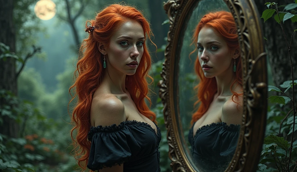 red-haired woman,looking in the mirror and a snake appears,deep in the darkness 