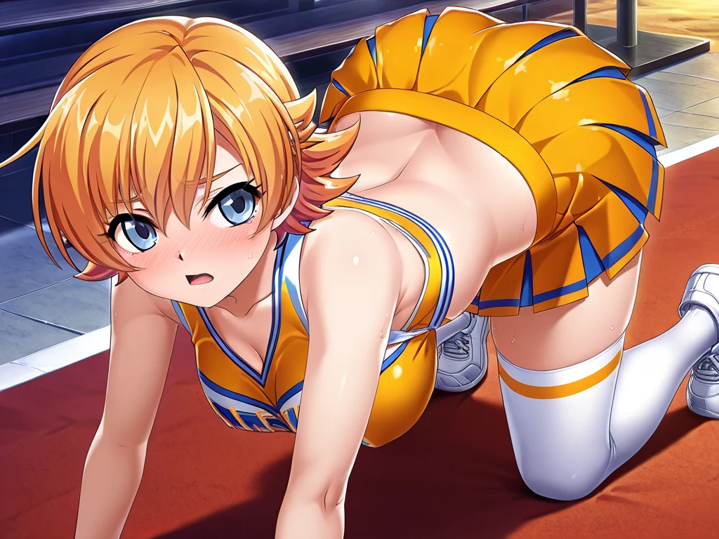 score_9, score_8_up, score_7_up, source_anime, rating_explicit, rating_safe, rating questionable, anime coloring, (anime cels style, high resolution, photorealistic), (super fine illustration:1.3), (best quality:1.2), (masterpiece:1.2), top-quality, delicate features, delicate skin, realism, beautiful lighting, 1girl, perfect face, perfect eyes, detailed hair, outfit perfect, beautiful breasts, perfect body, perfect anatomy, perfect chest, perfect hips, perfect legs and feet, perfect hands, perfect fingers, ((large breasts:0.8)), (small nipple:1.1), beautiful thigh, beautiful legs, curvy body, Attractive body, Voluptuous body, Attractive legs, ultra detailed eyes, Erotic, Pupils, sexy pose, dynamic pose, dynamic background, (shiny skin:1.2), ultra detailed clothing, pretty, cute, ((oily skin:1.3)), (Super oily and shiny skin with fine texture:1.1), beautiful oil-covered thighs, blush, aroused, happy, (light smile:1.4), open mouth, (orgasm), afterglow, (small labia majora:1.2), (small beautiful areola:1.3), (beautiful nipples:1.2), (perfect proportions), (sweat-soaked body), ((clothed)), (covered breasts:1.5), shiny clothes, shiny body, BREAK, ((indoors hotelroom)), bed, sensual look, 1 cute girl, (close to viewer), cowboy shot, intricate, (grabbing anothers leg), (1boy), penis, hetero, sweat, penis, pussy, solo focus, spread legs, legs up, cum, sex, vaginal, cum in pussy, lying on, on side, bouncing breasts, motion lines, motion blur, cameltoe, navel focus, blowing in the wind, flutter, kyoto style, (from beside), dutch angle, more detail XL, absurdres, (skirt lift), panty shot, love live!, ((ohara mari, blonde hair, yellow eyes, medium hair, ((single hair ring:1.4)), cheerleader, pom pom, \(cheerleading\), white panties, panties around one leg, white thighhigh,), ((blue cheergirl)), (motion sex), fine anime screencap, fine anime screencap, official art, official style, megami magazine,