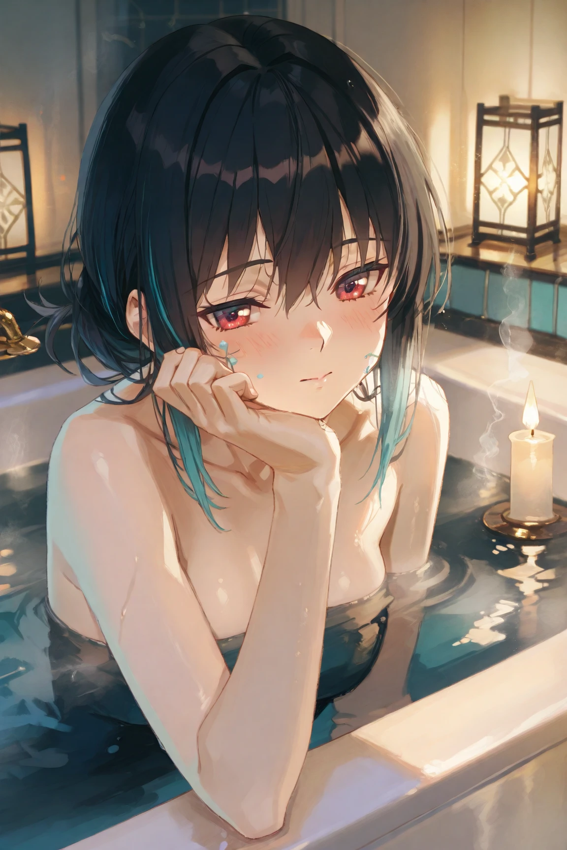 anime art style, large leaves, night, candles, a naked woman submerged in an onsen