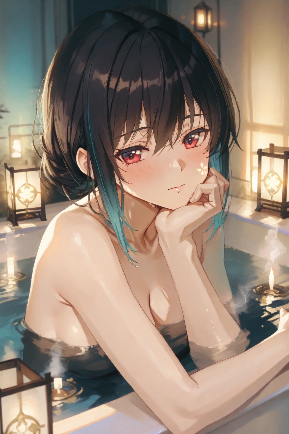 (face focus:1.5),(1girll:1.7),(solo:1.5).(view the viewer:1.4). NSFW.bob cuts. (skinny:1.7). (Slim legs:1.6) . orgasm.Short black skirt.hot onsen. (Big breasts:1.7). Black hair. Sweat. steam. (paizuri:2.0).penis