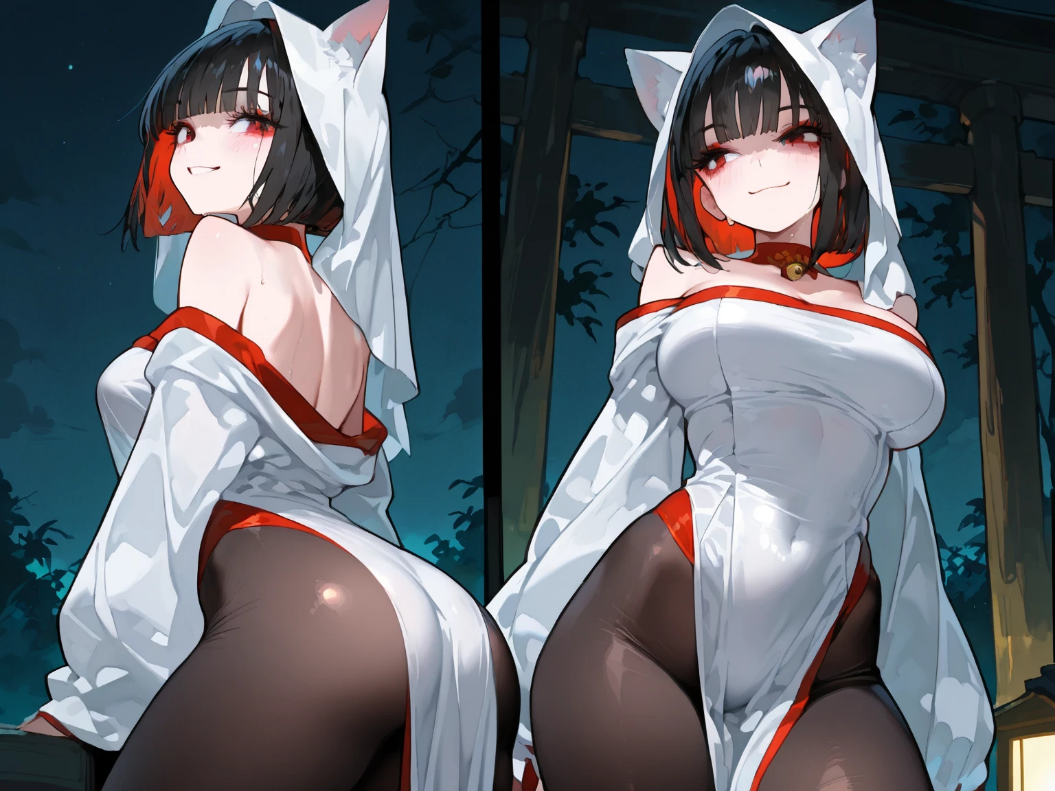 long hair, black hair, (dark skinned female), (nun), big breasts, Big ass, Deer antlers, heavy body, large body, venus body, red blush, stockings, winter forest background, dagger, hollor,