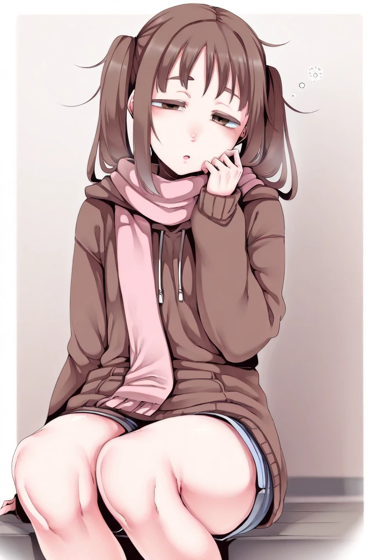 1 Female, Twenty years old, (( face))Glare listlessly、Confused eyes、Round, young cheeks, ((148cm)), , (Thick thighs), Modest chest, (Hairstyle)Dark brown hair、Hairline looks black、Slightly curly straight long hair, (Oversized white hoodie with red paint splatter pattern), (タイトなショートパンツ), ((Smoke a cigarette)), (The background is a back alley), Looking to the side, ((looking at the camera)), The character is located at the bottom right of the screen., Accurate Anatomy, Low angle view, Configuration looking up from below, Sitting, whole body, I can see your feet