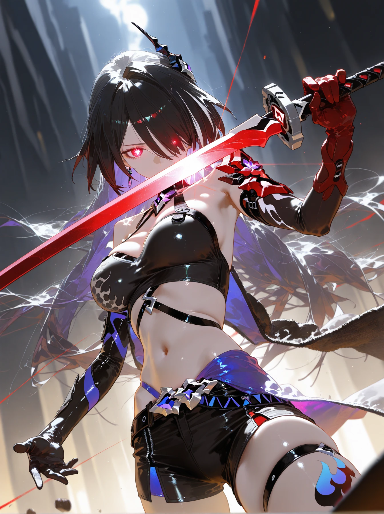 solo girl,Glossy metalic light silver tank top, tight latex shiny, Red interpolation color,Black hair bob,red eyes, camel toe, Samurai Sword,
Lift one leg, sexy lady, โชว์กางเกงใน girl,