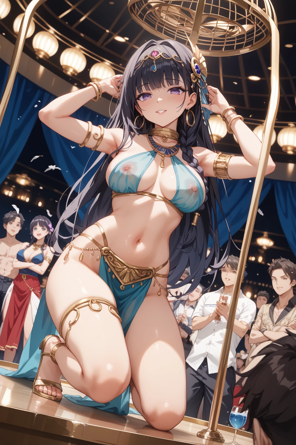 NSFW,masterpiece,Highest quality,High resolution,Super detailed,Yuuka \(Blue Archive\)、Purple Eyes、Purple Hair、Long Hair、Two Side Up、Halo,(Dancer),dancer,(Arabia),Face Veil,gem,Embarrassed,Frustrated face,Lust,blush,Expecting face,Seduce,(To flatter),(Sex slave),(Middle-aged men),(Having rough sex),put in,Creampie,(Squirting),heart,Tavern,Dance Stage