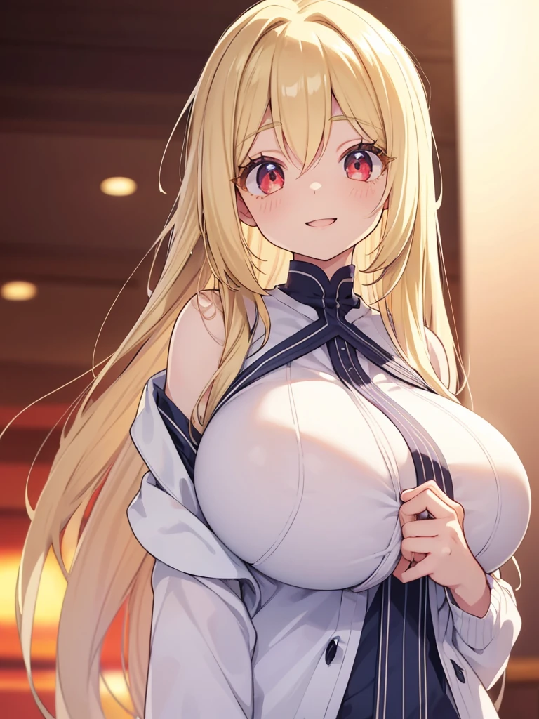expressive eyes, (((1 girl))), ((anime)), (blonde, long hair,), (red eyes), (half closed eyes), ((very big breasts)), ((firm chest)), ((cleavage)),(exposed chest), ((exposed thighs)),((Mesh Clothing,Maid clothes,Torn Skirt)), ((underboob)),((fox ears,fox tail)), ((dull bangs)), ((white, race)), ((Western-style building,corridor)), enchanting smile, princess cut, shiny hair, saint,(masterpiece), anatomically correct art, Super detailed, advanced details, high quality, 最high quality, High resolution, 4k, 8K,