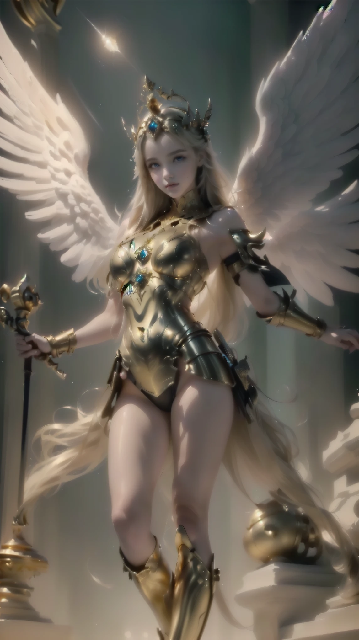 A young 15- yr old native European girl with lovely charminvg face,(pale skin texture masterpiece), (perfect full body detailed anatomy), (Super accessories detailed), (meditating ), (perfect detailed glowing bright eyes),(short illuminating silver crystalized hair),((expose big hard erect nipples))(( exposed panty ))(legs wide open showing pussy line)(( Wearing transparent illuminating costume of an angel)),holding a treasure bow & arrow, (( illuminating different lights covering the sorrounding atmosphere)) Has beautiful large white wings, The character solemnly praying