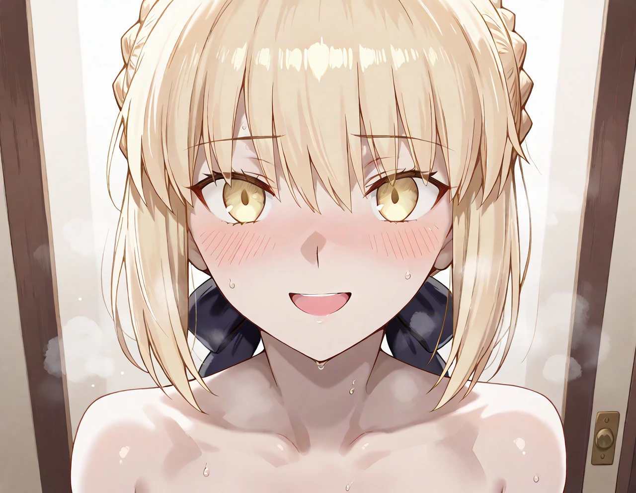 blonde hair, short hair, hairband, Purple eyes, 16years old, , empty eyes , large breasts, nipple, Running, , Heavy snowfall area frozen, wet, crying,Naked ice girl, alone, Smile, Naked