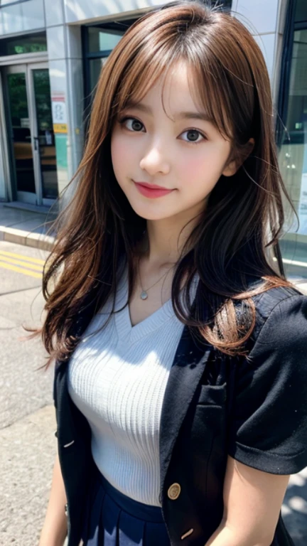 table top, highest quality, figure, super detailed, finely, High resolution, 8k wallpaper, 完璧なダイナミックな構figure, beautiful and fine eyes, winter dress,medium hair, park bench、small breasts, natural color lip,smile,big city、20 year old girl、midnight、beautiful and detailed face、perfect and beautiful face、slim face and style,spread your arms wide,Big eyes,Take a photo from below the knees at a face angle