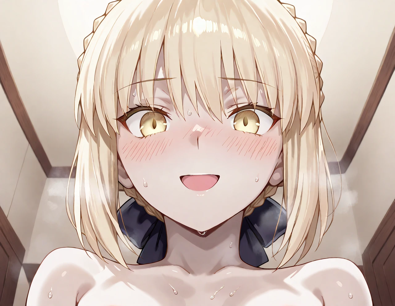 (masterpiece:1.2), (highest quality:1.2), perfect eyes, perfect face, perfect lighting, middle ages, prison, 1 girl, clear blonde Braid Styles, spiked hair, blunt bangs, bob hair, a braid, Ahoge red eyes, ((((nude)))), cute eyes, medium breast, glaring, open mouth, ((from above)), ((front)), open mouth, Vivid depiction, ((spread legs)), orgasm, scared, arms up behind, ahegao, smile+happy, fang, (((glaring))), (((cum on hair))), (((cum on body))), Sweat