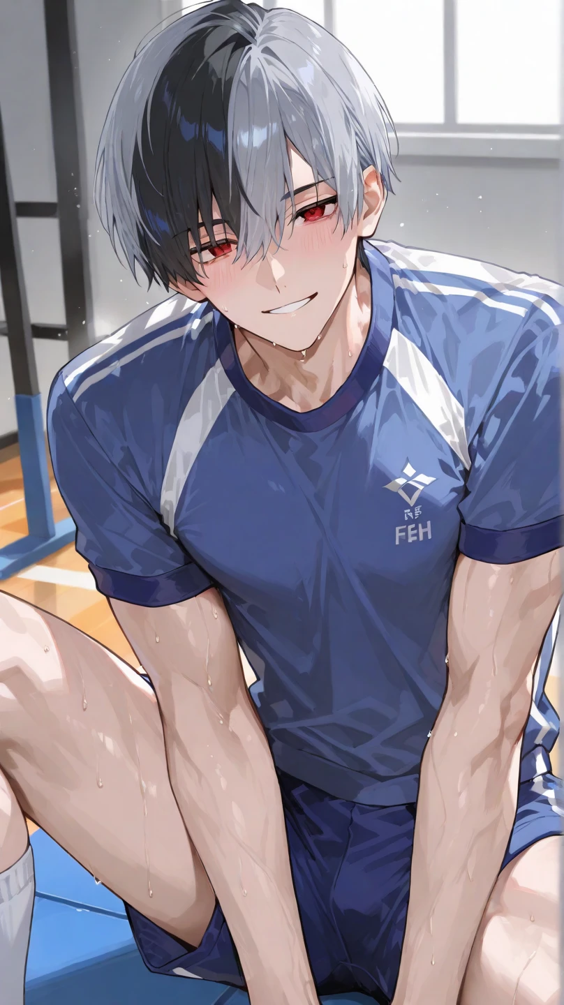 score_9,score_8_up,score_7_up,score_6_up,<lora:KyouyaOnoderaXL:1>,1boy,solo,white hair,wearing gym_uniform,athletes,dirty clothes,muscle,bulge,sitting,wooden floor,floor,indoors,white socks,no shoes,best quality,amazing quality,best aesthetic,<lora:niji_6_massive_style:0.8>,sports theme,<lora:MaleMixPDv3:0.8>,muscular,from_below,foot_focus,