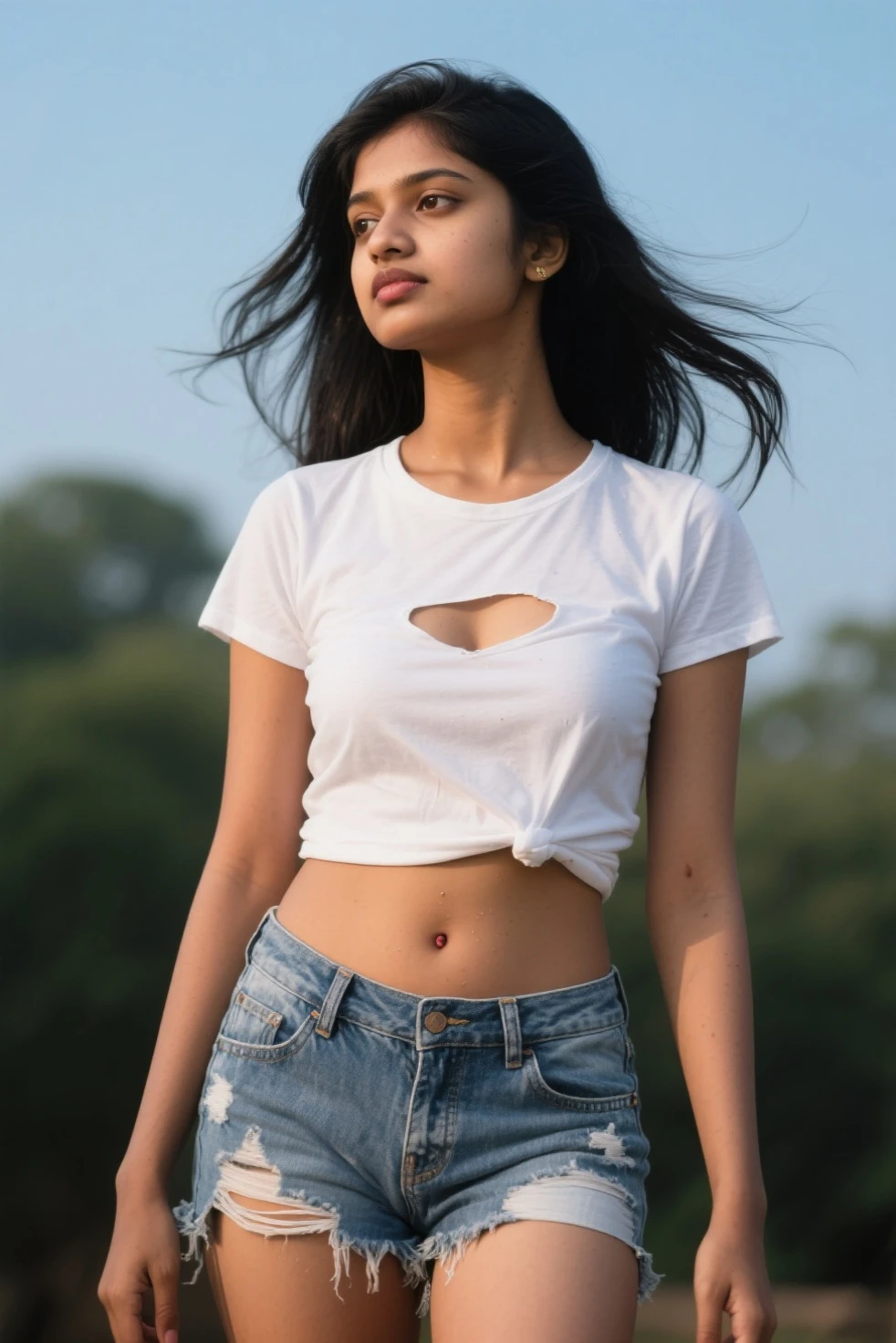 score_9,score_8_up,score_7_up,score_6_up,score_5_up,score_4_up,(((Ailatman,azlatguy)), latina, mexican girl, short girl), slender, slender neck, black hair, brown skin, cute face, girly expression, shorts, 1girl, denim, denim shorts, midriff, outdoors, tree, navel, closed eyes, black hair, dainty hands, girly hands