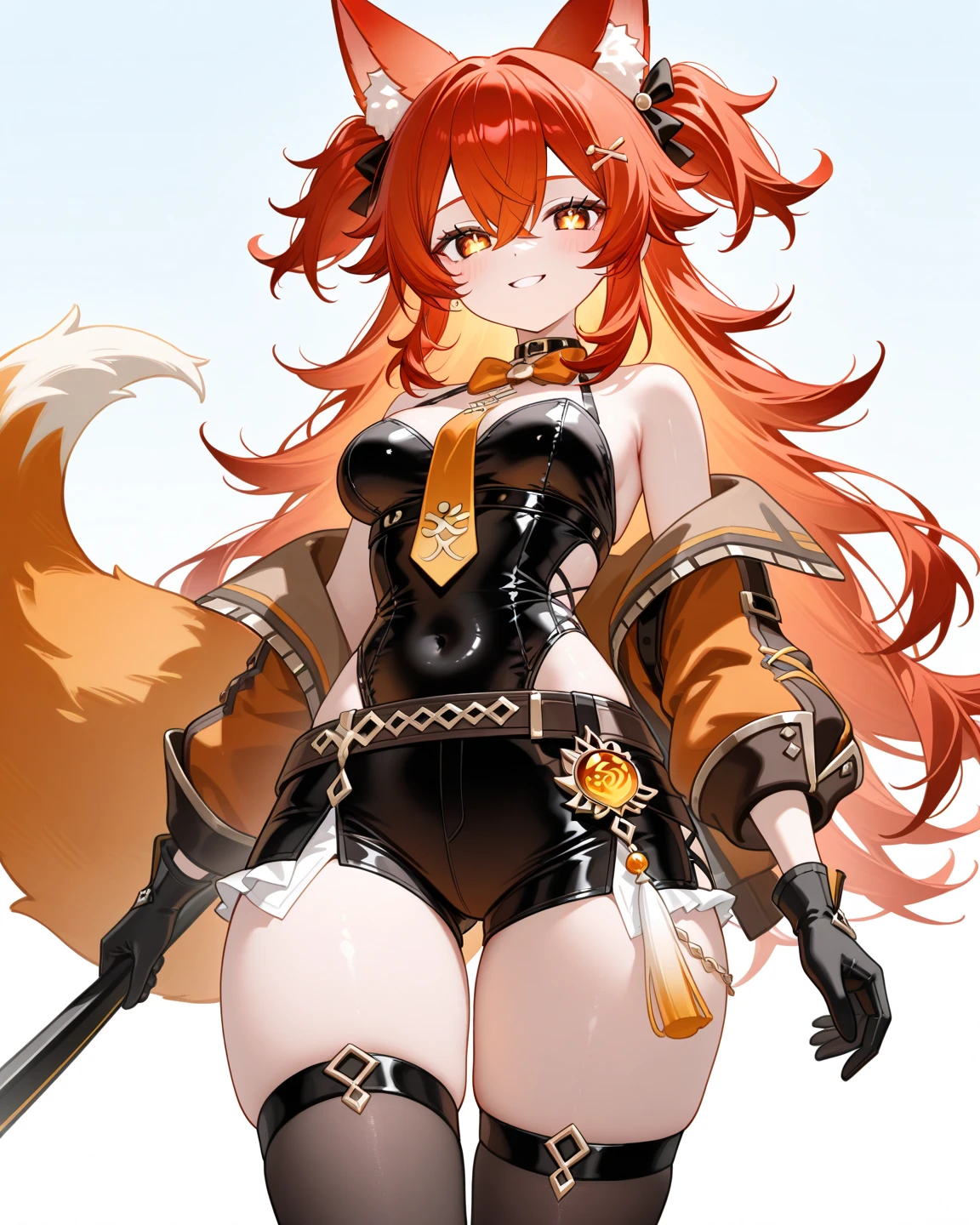 absurdress, Furry, The female is fluffy, anthro, Trending on ArtStation, uploaded on e621, Detailed portrait of antro woman, Extreme detailing, detailed fluffy fur, full - body, Blushing, A detailed eye, (shaded), (detailed lighting), (Cinematic lighting), (Masterpiece, hi res, RAW photo, High Resolution, High Details, Best Quality), high definition, (High Sharp:1.3), fox ears, Red Panda Tail, red fur, Long_Hair, side locks, low twintails, skye_orange_Hair, Hair_between_eyes, Pink_colored_streaked_eyes, (Black Light Armor, embroidered in aqua:1.1), (black tattered short cloak, embroidered with red light:1.2), Large high-waisted breasts, cameltoe, drooling from crotch
