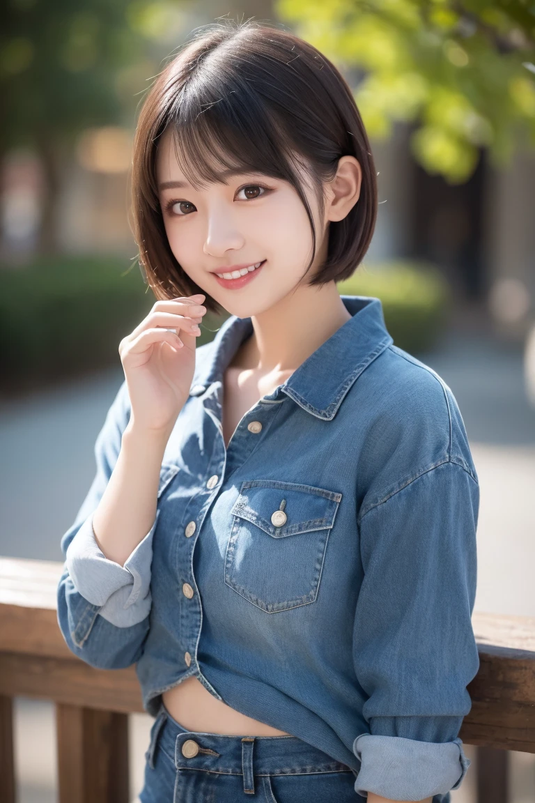 Produce the highest quality and highest resolution 8K images。The model is a 20-year-old Japanese woman.。The image depicts her posing and smiling for the camera.。She has brown eyes and a model figure.、She has an idol-level cute face.。Hair is bob cut。Skin has a healthy color。Clothes、I&#39;m wearing early summer clothes。