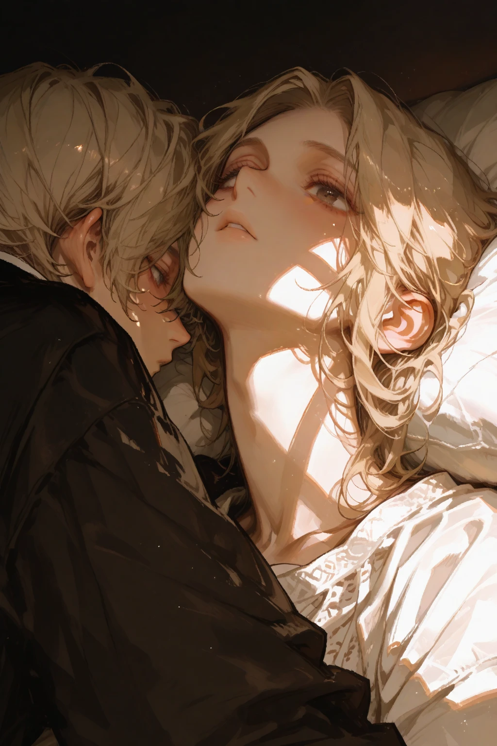 a man in bed surrounded by two old women, detailed facial features, high quality, photorealistic, dark lighting, moody, dramatic, cinematic, dramatic lighting, chiaroscuro, gothic, renaissance style