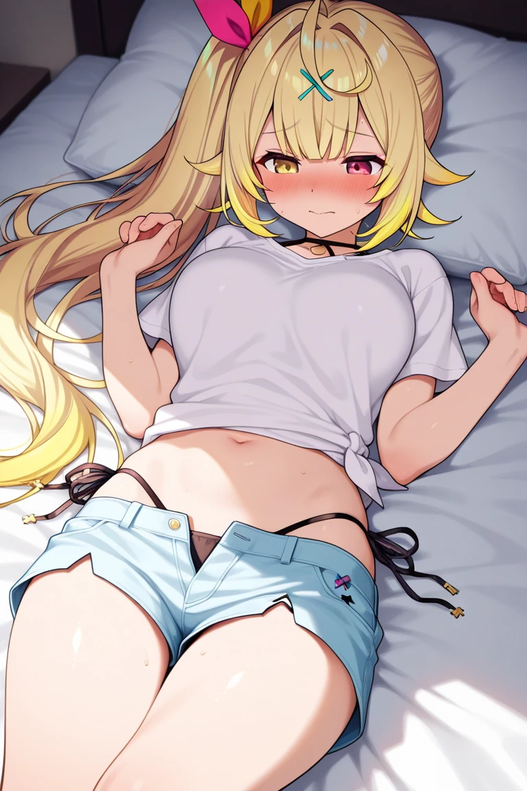 masterpiece, highest quality, High resolution, kitagawa marin sb, 1 girl, blonde hair, long hair, colorful hair, red eyes, jewelry, earrings, earrings, long t-shirt, (full body), Lace black panties,(lying on the bed:1.4), (show panties:1.3),sweat, blush, closed eyes, open mouth, her room