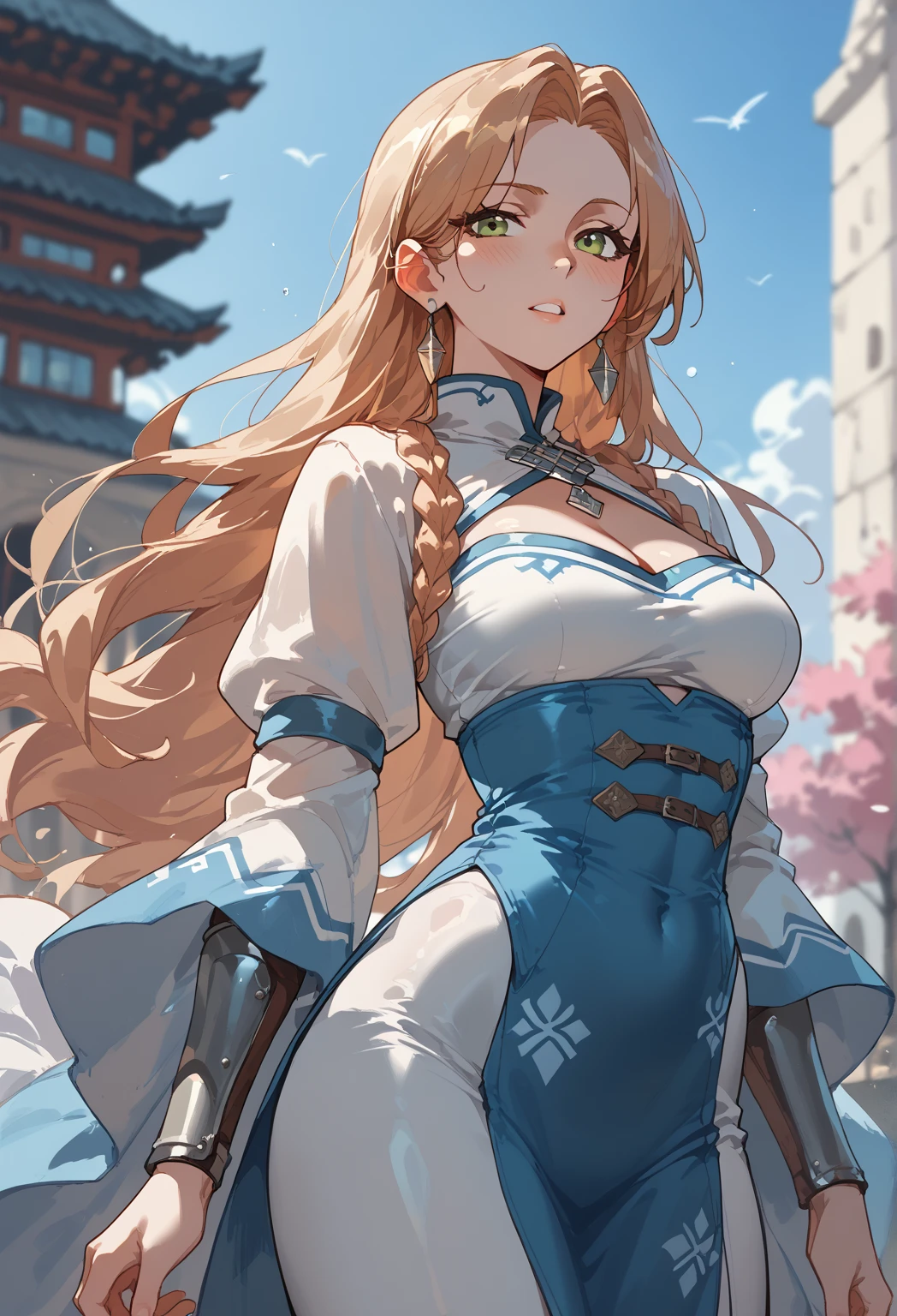 (((Masterpiece))), (((Highest quality))), ((Ultra-detailed)), ((Super fine illustration)), ((Ultra-fine painting)), (16K highest quality wallpaper:1.4), (Upper body:1.6), HDR, (Highly detailed and delicate illustration style:1.8), Detailed skin texture, Detailed cloth texture, Extreme detailed description, (T-masterpiece), (Highly detailed face:1.4), (Highly detailed fox ears:1.2), (Highly detailed (golden-brown:1.4) braid:1.2), (Highly detailed blue eyes:1.2), Original, RAW photo, Professional, Intricate details, Super details, (Perfect anatomy:1.4), (Highly detailed hands:1.2), (Highly detailed fingers:1.2), (Highly detailed fingertips:1.2), (Sexy), (Sexy), (27-years-old), (Solo:1.6), ((A beautiful and attractive (fox) female model:1.4)) BRAKE (Beautiful and adorable fox ears:1.6), (Highly detailed and delicate fox ears:1.2), (Beautiful and well-shaped big breasts:1.2), (Beautiful and well-shaped buttocks), (Beautiful and shiny (golden-brown:1.4) braid:1.6), (Highly detailed and delicate (golden-brown:1.4) braid:1.2), (Beautiful and clear blue eyes:1.6), (Highly detailed and delicate blue eyes:1.2), (Highly detailed face:1.4), (Smile:1.3), (Blush:1.2), (Looking at viewer:1.4) BRAKE (Bright white Off-the-shoulder and cleavage traditional Japanese kimono:1.4), (Turquoise-blue traditional Japanese hakama skirt:1.4), (Off-the-Shoulder and cleavage Japanese traditional costume:1.2) BRAKE (Concept-art:1.2) BRAKE ((A very beautiful and elaborate Ise Shrine in the background just after a summer afternoon:1.4), Ise Grand Shrine:1.2, (A very beautiful and detailed blue sky just after a summer afternoon:1.2)) BRAKE (NSFW) BRAKE