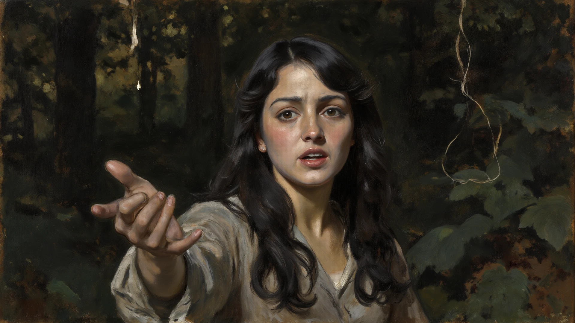 There's a woman in a dress making a stop sign, inspirado em Ruth Sanderson, inspirado em Vasily Perov, kramskoi 4 mil, inspirado em Ivan Kramskoi, No estilo de Hans Thoma, No estilo de arte de Bowater, master part! Retrato de Arwen, arte da capa de um livro