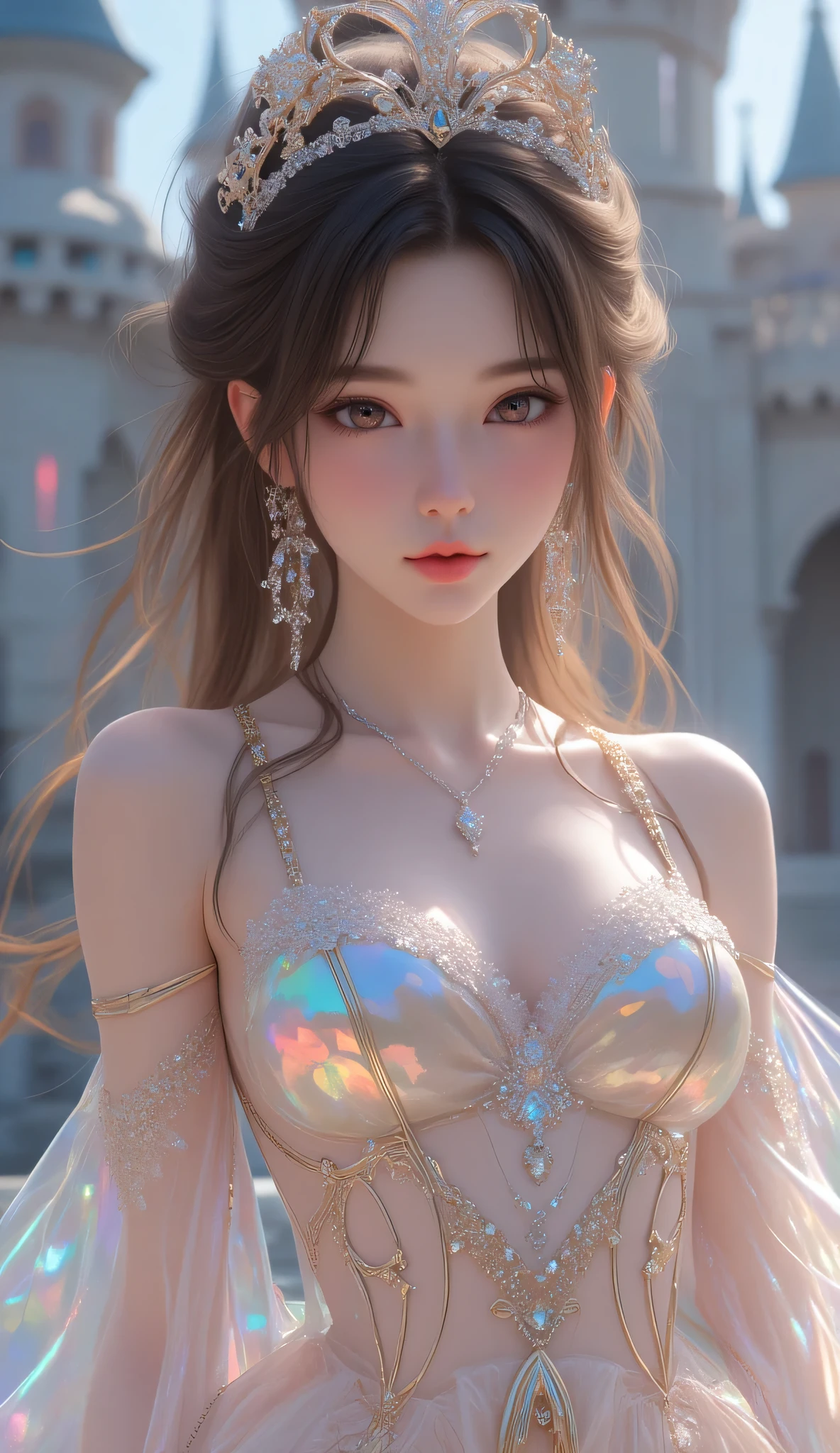 Top quality, top official art, beautiful and aesthetic masterpiece, highest level of detail, artwork is 4K, 8K, High Resolution, (Photorealistic: 1.5), Sharp Focus, 1girl, (((Full Body Shot))), Ultra Detailed Illustration of Female Silhouette, Fantastic Figure, Beautiful Face, Detailed and Perfect Face, Big and Even Eyes, Perfect Proportion, Huge Breasts, Thin Waist, Navel, Wide Hips, Crotch Gap, Sexy Thighs, (Dynamic Pose: 1.3), (Changing Pose: 1.5), (Dynamic Angle: 1.3), (((Translucent Skin: 1.5))), (((Translucent Body: 1.5))), Neon Light, Light Particles, Colorful, CMYK Color, Backlight,