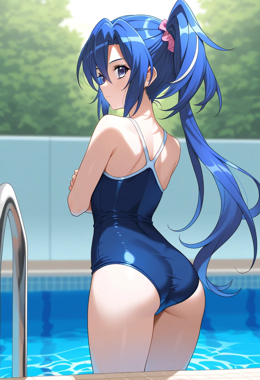 woman,14 years old,pool,noon,(((White and blue swimsuit))),,open mouth smile((leather thigh high boots))(See-through),(()),(()),blush、surprised face,((())),((look back))(wet state)Reflecting the buttocks,Mansuji,