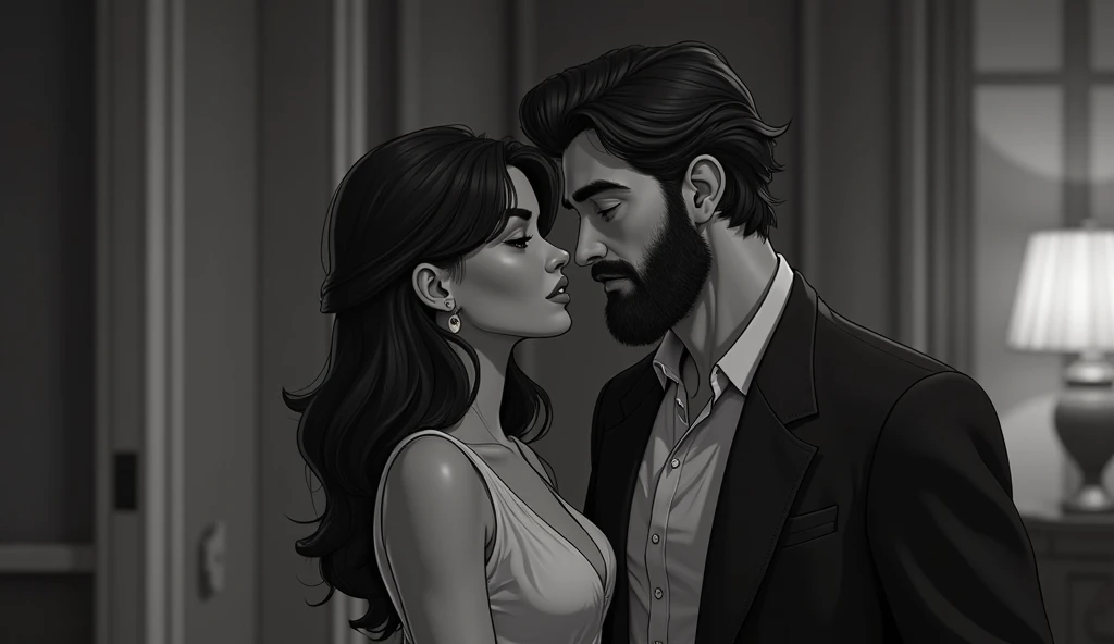 An illustration of an adorable couple, Destacando um homem e uma mulher com beleza, Expressive eyes – the man's hair is black tied in a bun. e olhos negros e ele tem um, barba preta, While the woman's hair is tied in a bun and black, longo e reto. They are a bright space, Todos com um sorriso no rosto, e compartilhe um momento especial, That is marked by love, viajar, and pedagogical insights. Ilustre esta cena a partir de uma perspectiva, where they're facing away from the camera, Show Your Connection. Desenvolva esta arte em Full HD, Focus on your cinematic touch, Estilo Disney Pixar Animations