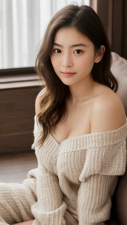 (RAW Photos), (Realistic), (masterpiece), (Highest quality), High resolution, 8k, (Intricate details), (Volumetric Light), Portraiture, woman, Age 35, Medium Hair, Straight hair, Mid-chest, Accentuate your cleavage, Layered Hair, Brown Hair, Very beautiful eyes, Source Sequence, Very thin eyebrows, Very fine skin, Very good taste, Very nice nose, Cute like an idol, smile, (Thick lips), (Looking at the audience), (Elegant knitwear), Above the knee shot,