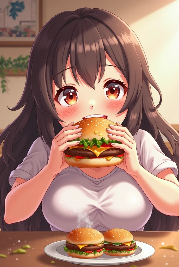 Make an anime style woman. Now make her eat burgers. She notices that I gained 5 kg but she doesn't care She eats more burgers And she gains ten kilos. Now show a full body picture of her before and after. Now she goes to a birthday cake place and shows her with 70 kg
