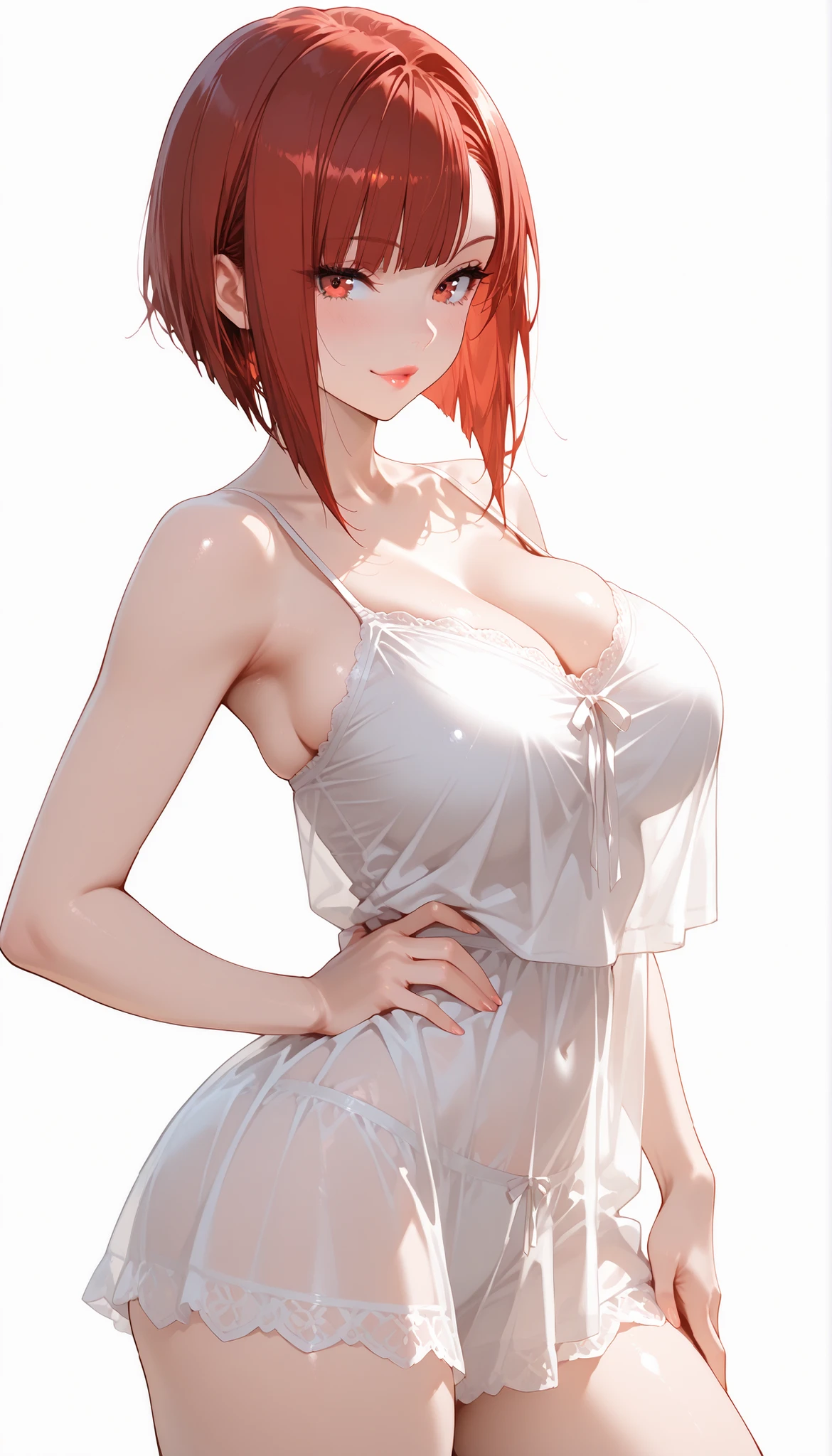 ((((masterpiece, best quality, high resolution)))), Extremely detailed 8K, Beautiful girl with voluptuous body, (Ultra HD, Ultra-detailed, Highly detailed, Highly realistic, Ultra-realistic, photograph realistic), (1girl:1.5), (Realistic red hair), (short wavy hair, bob cut, earrings), (dynamic poses), facing at camera, looking at viewer, (blushing red, embarrassed, smile), (pink eyes, sharp eyes), (huge perky breasts:1.2), (beautiful detailed face, beautiful detailed eyes), ((transparent slip dress)), (detail pussy), (standing up), sweat, glow, (sunbeam, sunlight), ((cowboy shot)), bedroom, seductive
