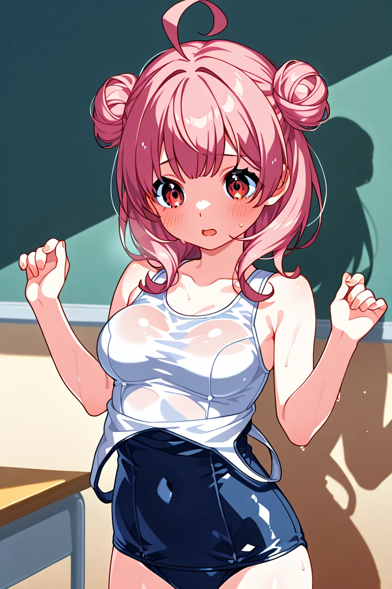 High quality、16 km race、anime screen capture、(((NSFW)))、(((Lori)))、(((smaller breasts)))、(obesity)、(thick thighs)、(Pink hair)、((((Wavy Hair))))、Ahoge、 (bob cut)、(dripping sweat)、((:d))、((swelling of nipples))、((Light Blue Sports Bra))、pink scarf、white knee socks、((Orange eyes))、big ass、(Hands on your chest)、(((embarrassing)))、one eye closed