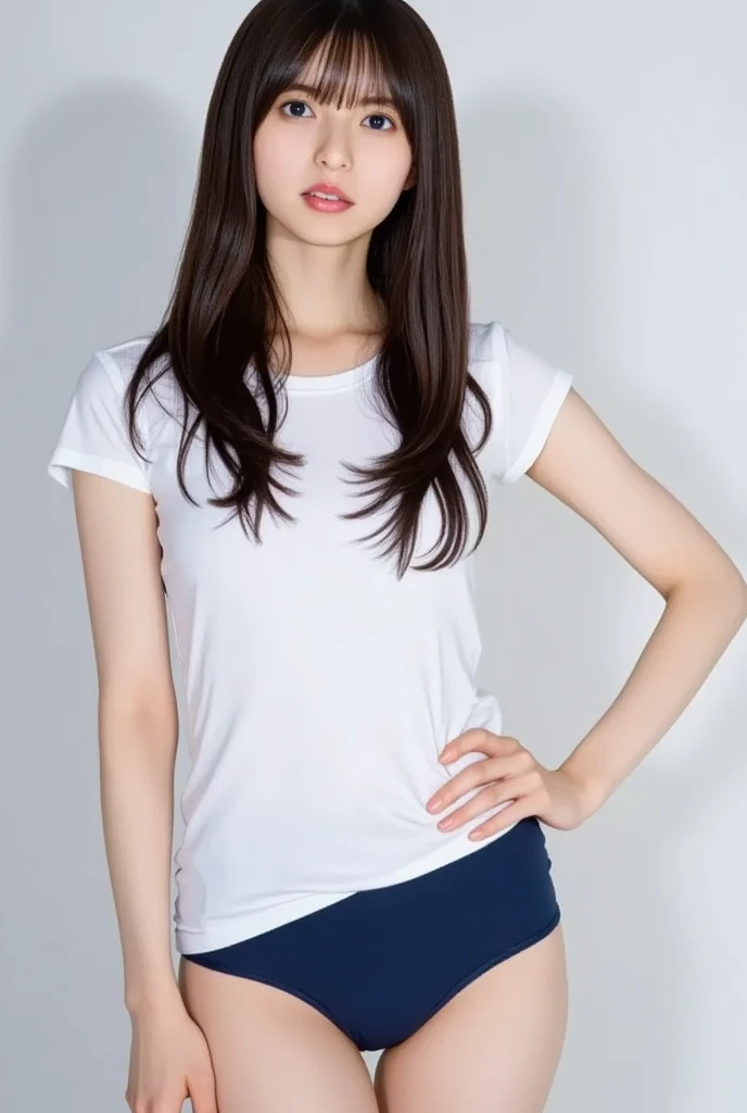 White large plain T-shirt)),((Navy Blue Bloomers)) 、Big Tits、ponytail、Japanese Girls、8K、((Full Body Shot))、highest quality、masterpiece、Real、Photorealistic ultra-detailed、One Girl、cute、The best smile、Beautiful Eyes、Long Hair、Perfect Face、Full Body Shot
