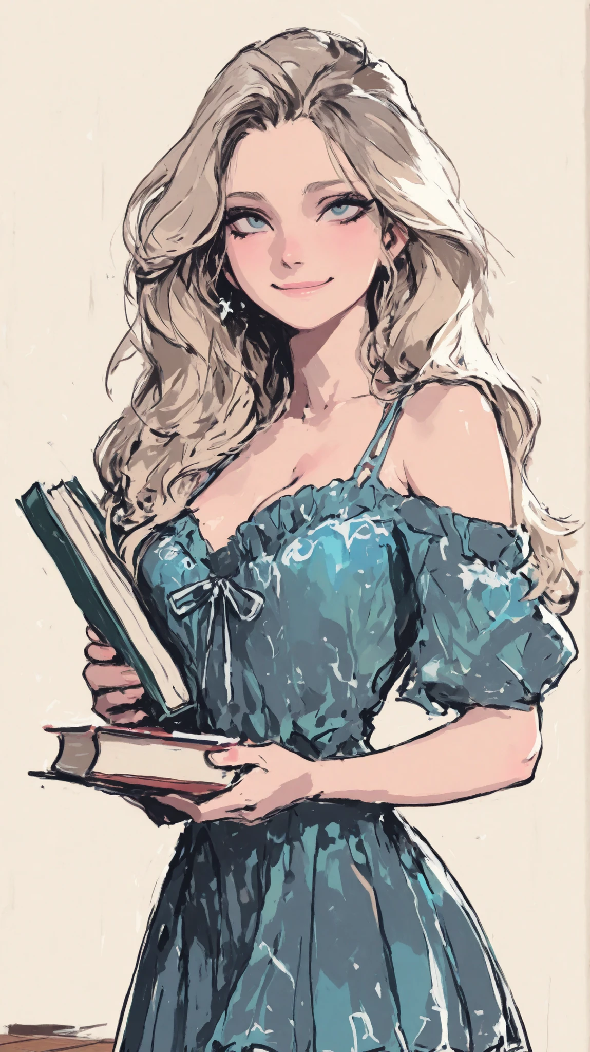 comics 1.,marina Laswick very very beautiful very sexy with a little smile,belle peau,beau visage, sharp focus ,very beautiful hidden mini dress, sexy, khaki heart, very pleated, very split, very low cut, white heart neckline,very beautiful very generous chest,Beautiful long light brown hair very very smooth,Carrying two stacks of books in her hands in her hands in her room with khaki wooden parquet walls,comics 1.,magnificent masterpiece,64k ultra hd,digital painting artstation s,Elias chatzoudis s