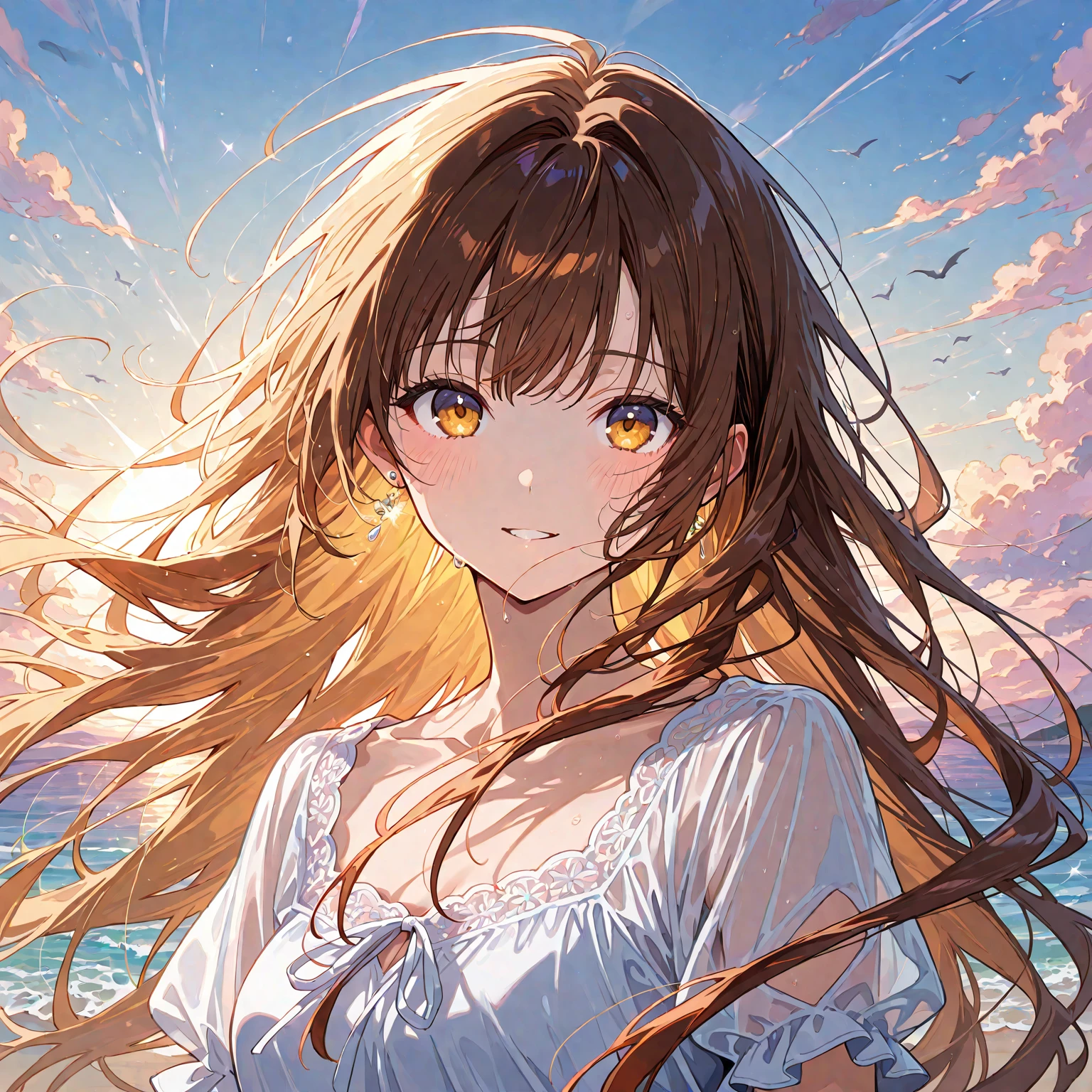 masterpiece, highest quality, sunset, One girl, Light brown hair,Straight Long Hair, Large Breasts, ((Disgust)), View Viewer, Detailed eye depiction,Detailed hair depiction,
Rainy Town,Wet Hair,it's raining,Neon Light,Depicting the upper body,