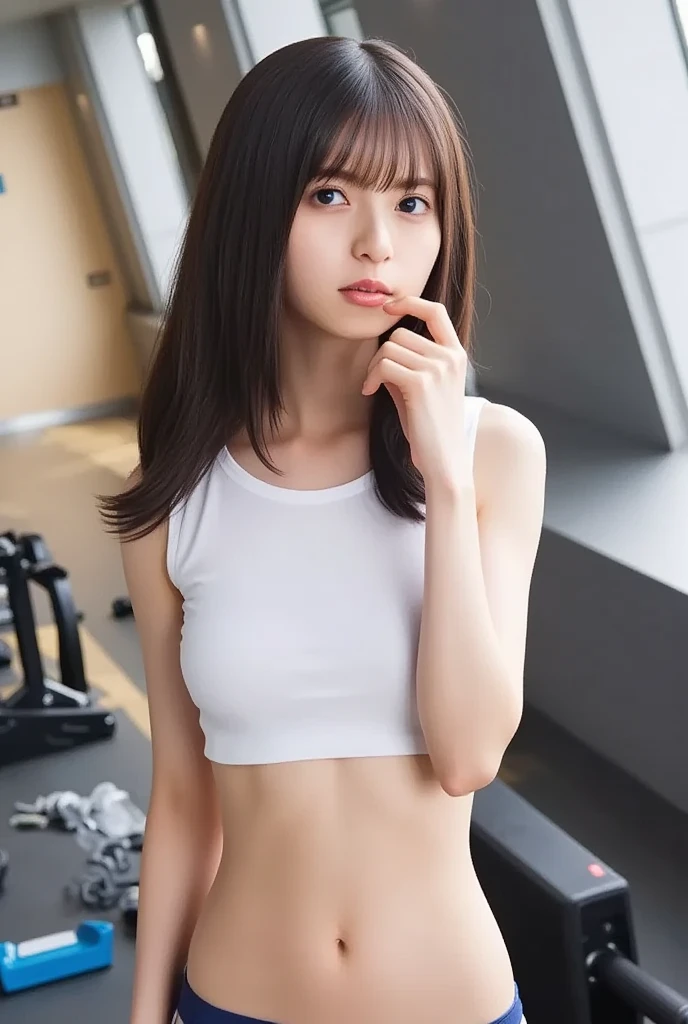Japanese female, a lot of details, (underweight), 30 years old, detailed black hair, beautiful detailed hair, super fucking beautiful, delicate beautiful face, complex details beautiful and delicate eyes, perfect hands, (flat chest best quality:1.5), perfect and delicate limbs, detailed skin, best quality, ultra-detailed,(gym:1.1), gym uniform, Muscle training,wide shot, ground-level shot, practical lighting