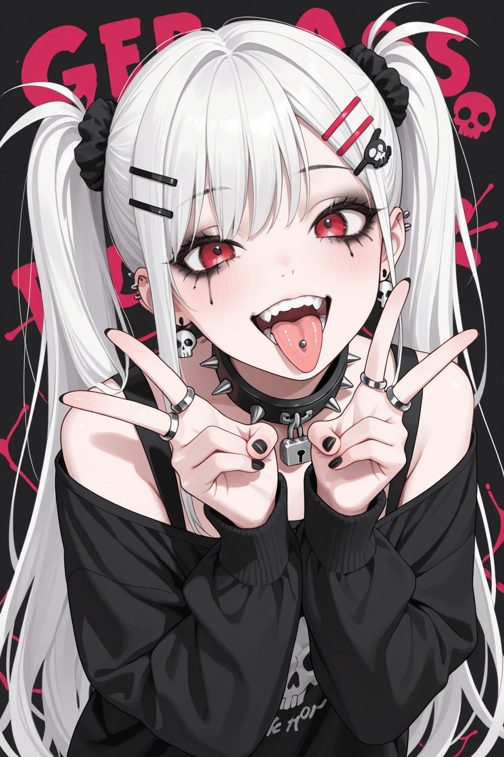 、white hair、fair skin、twin tails、peace sign with both hands、hair elastics with featured accessories、Spiky Collar、has jagged teeth、hanging eyes、Stick out your tongue、tongue piercing、Black makeup、wearing a rough ring、Lock、Red Eyes、 round and round、Spiky earrings、with lots of hairpins、The background is shocking pink、oversized black long sleeve clothes、large ornaments 、upper eyelid、skull earrings