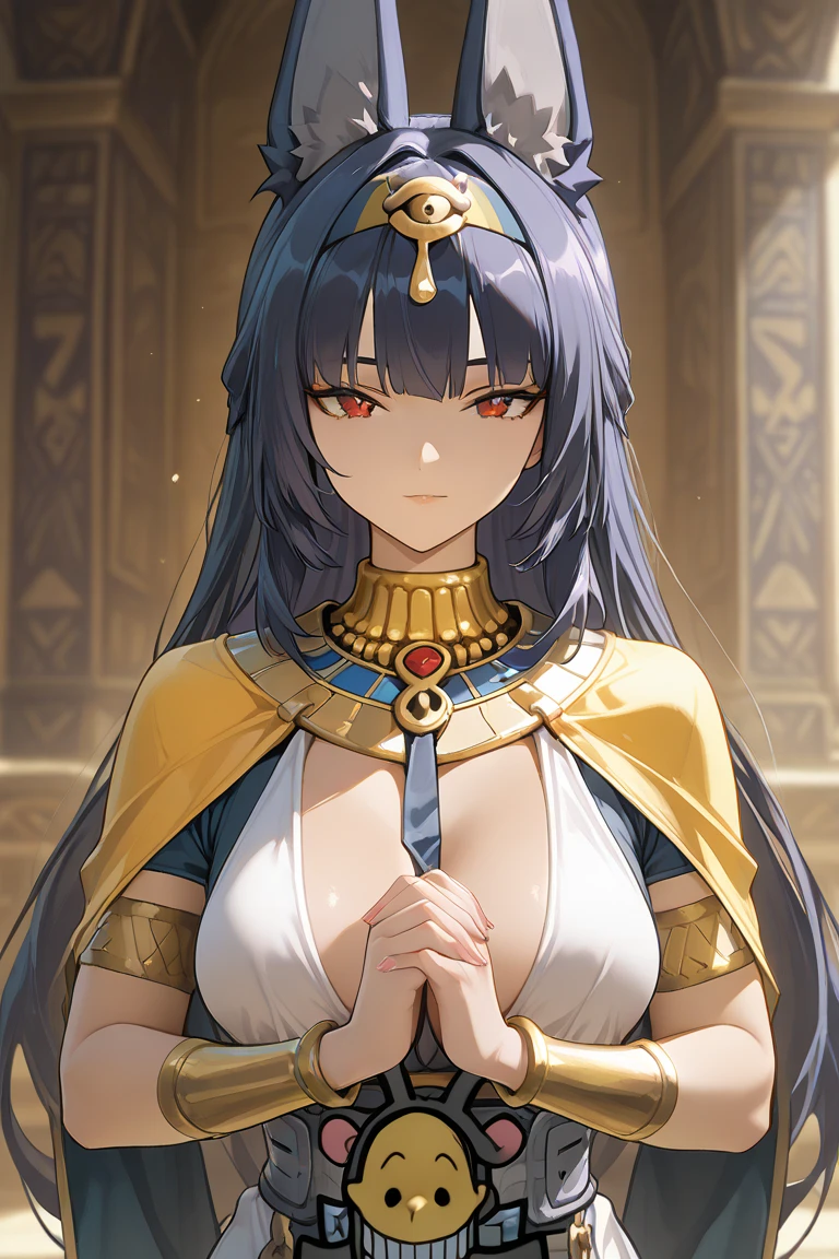 masterpiece, best quality, extremely detailed, (illustration), 8k cg wallpaper, stunning art, solo, a queen, pet red collar, saliva trail, tongue out, very beautiful face between hands with fists, pow pose, looking viewer with flattered, gorgeous dress of Egypt, squatting in front of throne, spread legs widely, perfect anatomy, cinematic moonlight come in,