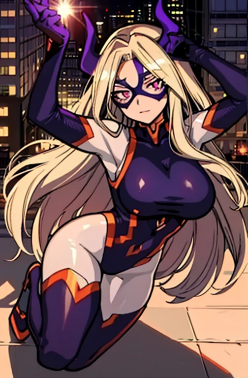 1 girl, alone, mount lady, masterpiece, ultra detailed, cowboy shot, good lighting, curvy body, dynamic pose, long hair, pierced hair, blonde hair, red eyes, (purple horns), big breasts, waist medium,wide hips,medium thighs,round butt,(mask),(domino mask),((purple lingerie)),((1-piece lingerie)),((black pantyhose))thighs, dutch angle, depth of field , eye focus, floating hair, floating, looking at viewer, fighting, serious, open mouth, night, night sky, room, hotel, window, city lights, ,head on,((focus on breasts)),pov (from above), perfect anatomy, perfect hands