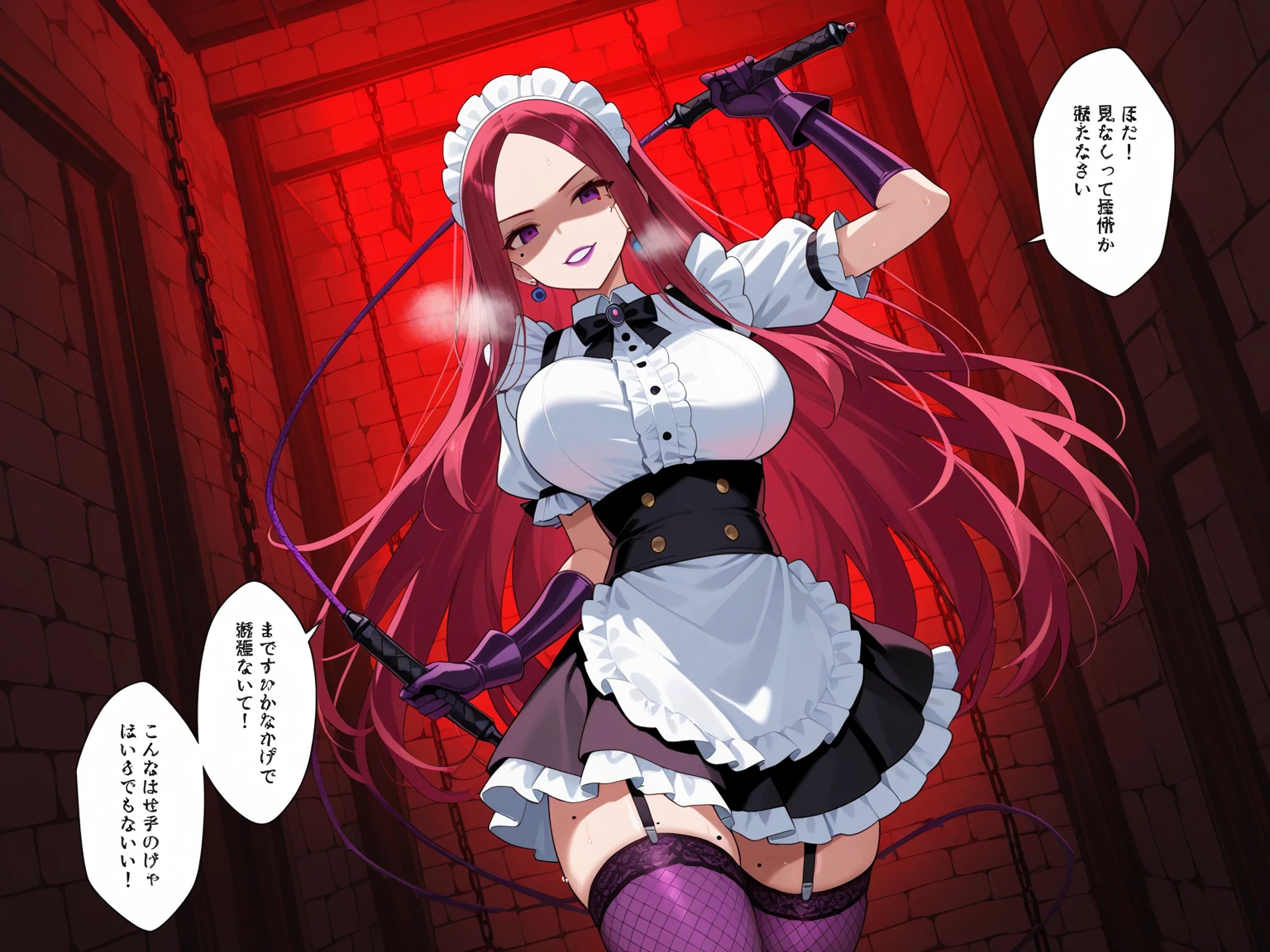masterpiece, best quality, <lora:makimaChainsawMan_1:0.6>, makima \(chainsaw man\), ultra detailed, 1girl, solo, standing, red hair, long braided hair, golden eyes, bangs, medium breasts, white shirt, necktie, stare, smile, (evil:1.2), looking at viewer, (interview:1.3), (dark background, chains:1.3), large breasts, covered nipples, cum