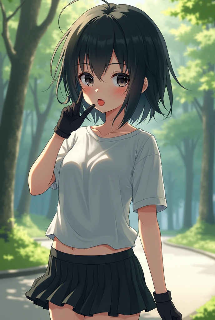 A 19-year-old woman with short shoulder-length black hair and blue eyes, wet white t-shirt, translucent breasts, very angry. in the forest and at night.